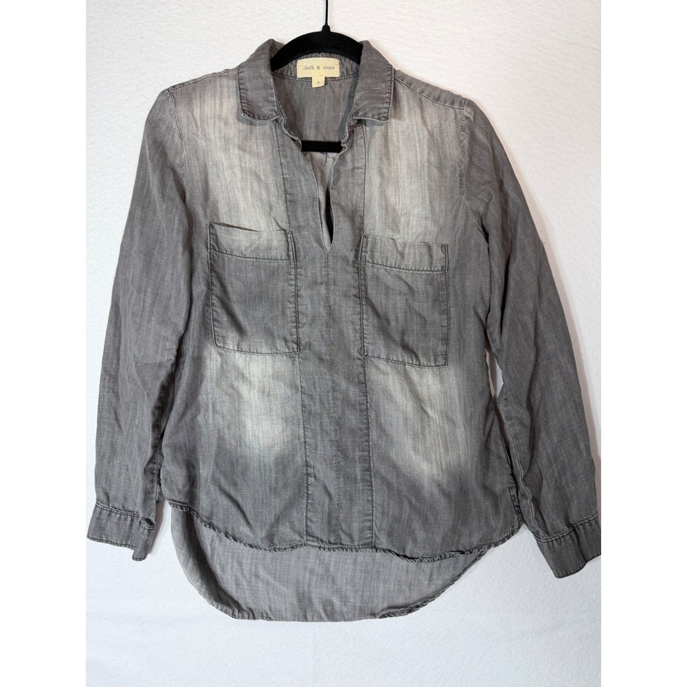 Cloth & Stone Grey Wash Denim Chambray Utility Tunic Shirt Size S